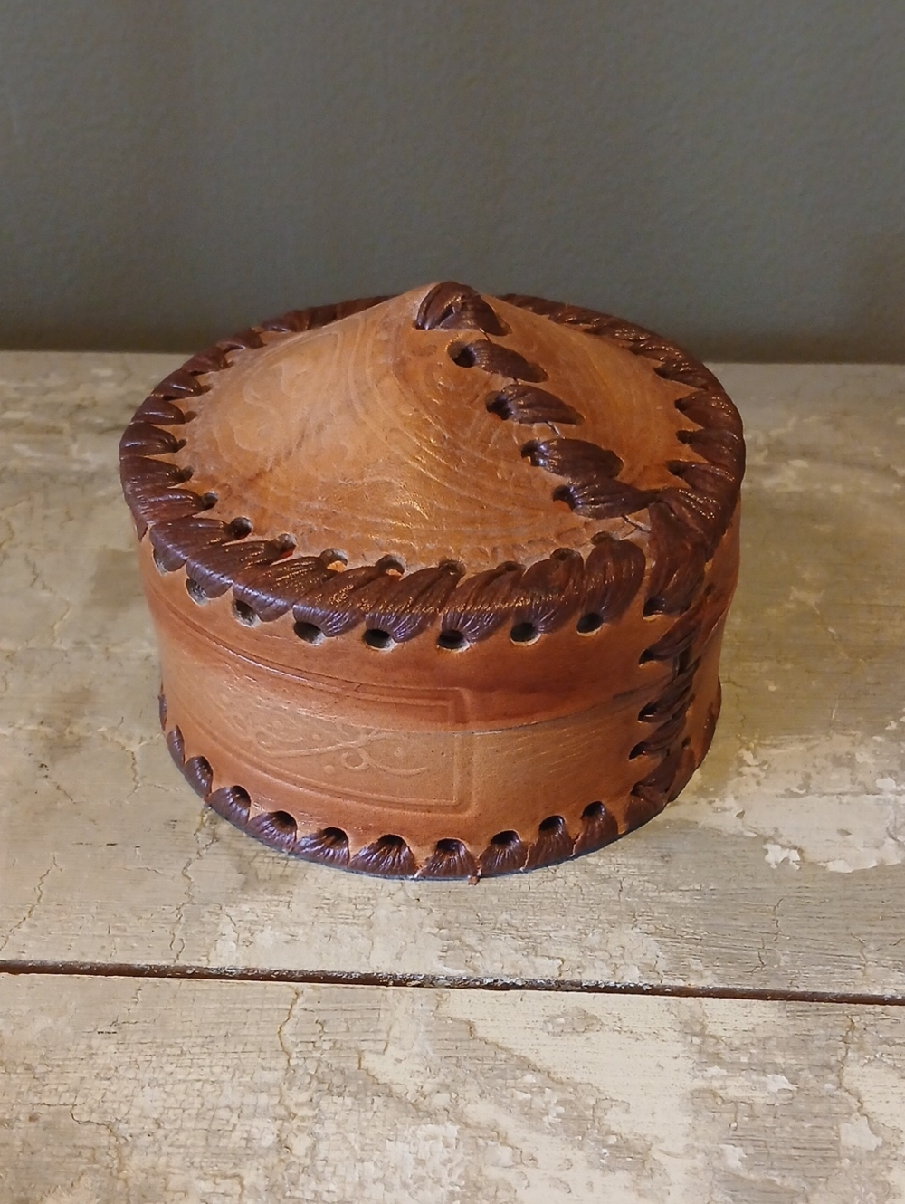 Vintage Hand Tooled Leather Yurt Trinket Box Case Stitched Boho